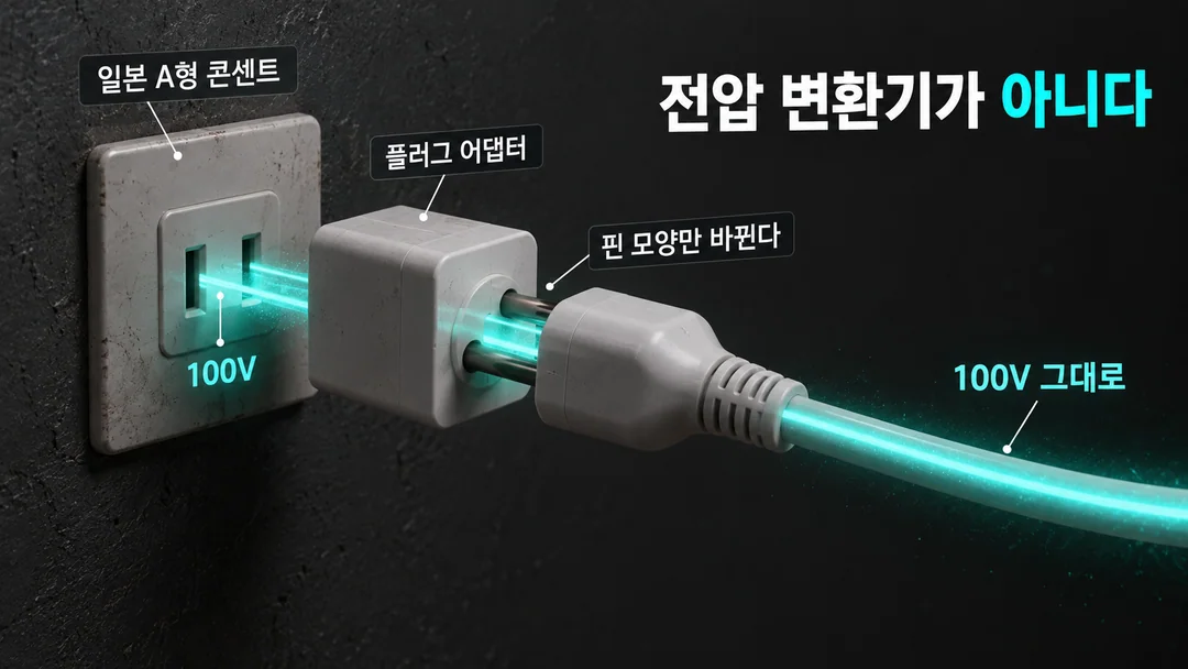 AI로 생성한 3D 설명 삽화. 어두운 벽의 일본 A형 콘센트에 브랜드 표시가 없는 플러그 어댑터가 꽂혀 있고, 드라이기 플러그가 그 어댑터에 들어간다. 콘센트에서 나온 100V 빛줄기가 굵기와 색을 그대로 유지한 채 어댑터를 지나 드라이기 전선으로 이어진다. 어댑터는 핀 모양만 바꾸고 전압은 바꾸지 않는다는 뜻이다.