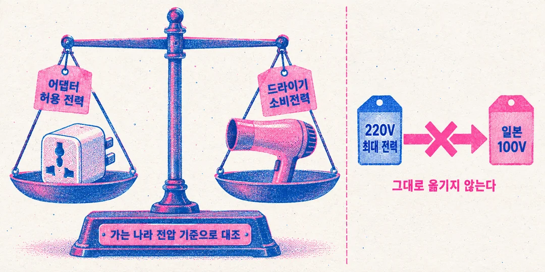 AI로 생성한 리소 인쇄풍 설명 삽화. 저울 한쪽 접시에는 '어댑터 허용 전력', 다른 쪽에는 '드라이기 소비전력' 꼬리표가 놓여 있고 받침대에 '가는 나라 전압 기준으로 대조'라고 적혀 있다. 오른쪽에는 '220V 최대 전력' 꼬리표에서 '일본 100V'로 가는 화살표가 빨간 X로 막혀 있다. 숫자는 없다.