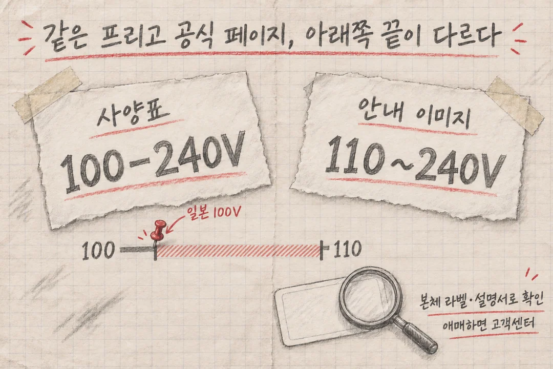 AI로 생성한 설명 삽화. 모눈종이 위에 쪽지 두 장이 나란히 있다. 사양표 쪽지에는 100-240V, 안내 이미지 쪽지에는 110~240V가 적혀 있다. 두 범위의 시작점 사이 100~110V 틈에 '일본 100V' 압정이 꽂혀 있다. 실제 공식 페이지 화면이 아니다.