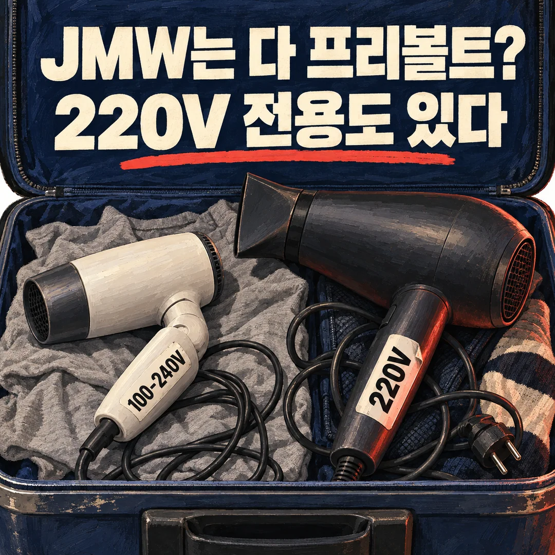 AI로 생성한 썸네일 삽화. 열린 여행 가방 위에 브랜드 표시가 없는 드라이기 두 대가 놓여 있고, 손잡이 라벨에 각각 100-240V와 220V가 적혀 있다. 위에 큰 문구 'JMW는 다 프리볼트? 220V 전용도 있다'가 있다. 특정 JMW 모델의 실제 외관이 아니다.