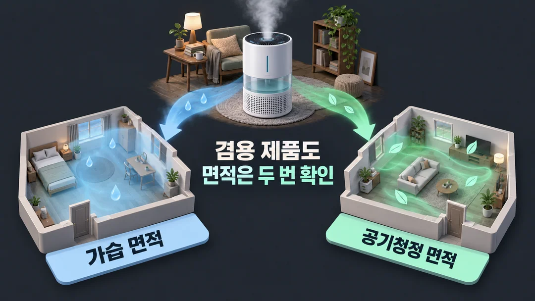 생성한 관계 설명 그림. 하나의 겸용 기기에서 가습과 공기청정이 별도의 면적 확인 항목으로 갈라진다. 실제 제품의 적용면적 수치를 나타내지는 않는다.