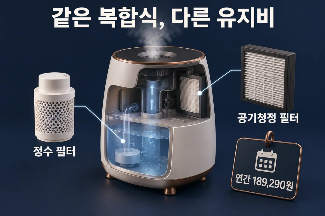 생성한 설명 그림. 복합식 가습기 옆에 정수 필터와 공기청정 필터가 각각 연결되고, 최고 유지비 제품의 연간 189,290원을 표시한다.
