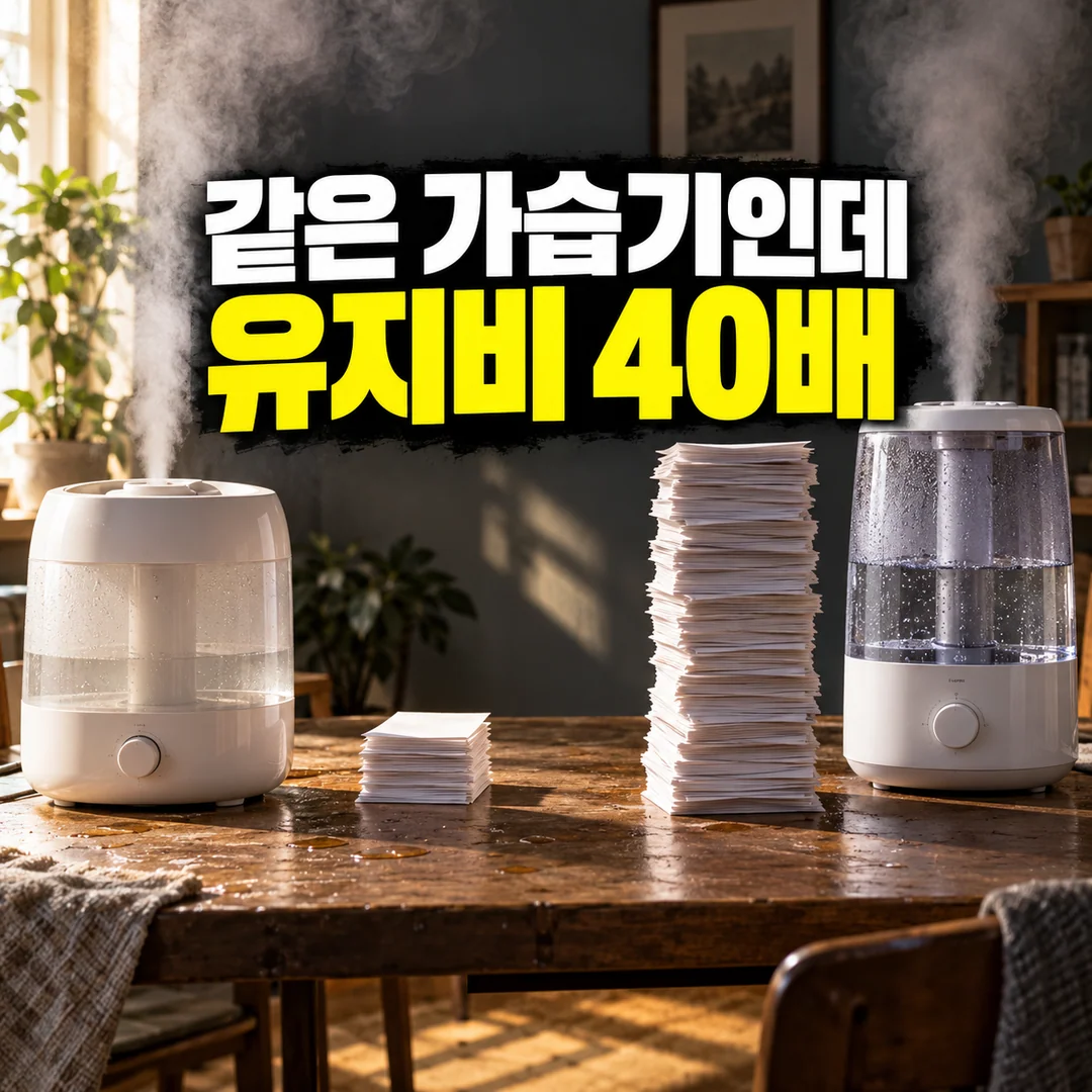 비슷한 무표시 가습기 두 대 사이의 유지비 격차를 극적으로 연출한 생성 썸네일. ‘같은 가습기인데 유지비 40배’라고 적혀 있다.