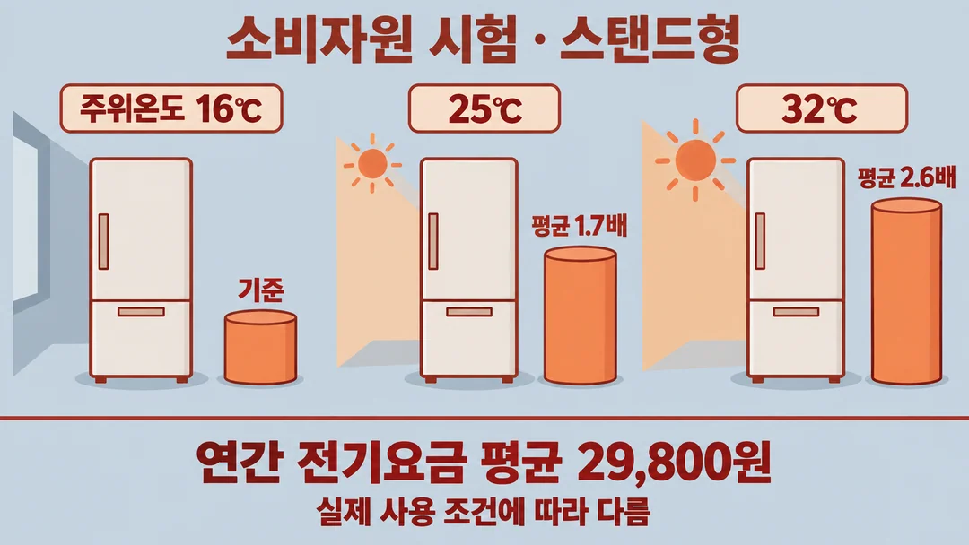 소비자원 시험의 스탠드형에서 주위온도 상승에 따른 연간 전기요금 배수 변화를 보여 주는 생성 정보 그림