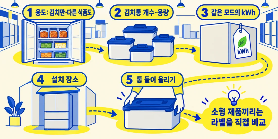 용도, 김치통 구성, 같은 모드 전력량, 설치 장소, 김치통을 드는 부담을 순서대로 확인하는 생성 정보 그림