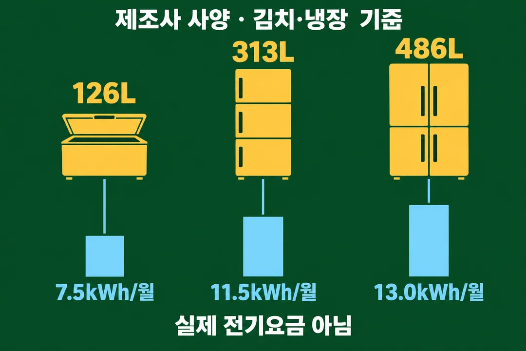 126L, 313L, 486L 제품의 표기 용량과 김치·냉장 기준 월간소비전력량을 나란히 비교하는 생성 정보 그림