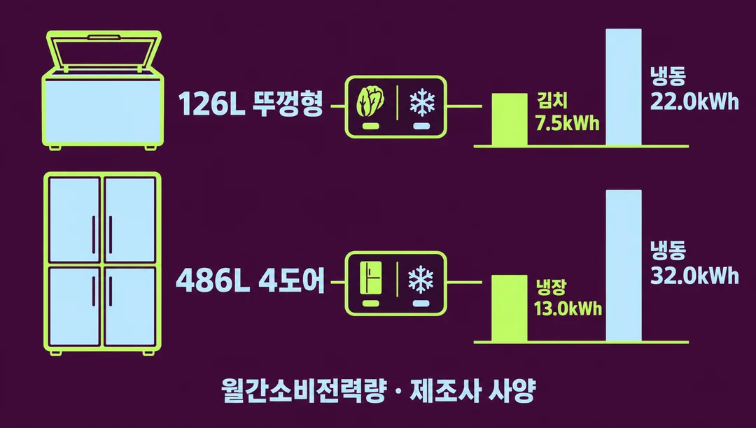126L 뚜껑형과 486L 스탠드형 각각의 보관 모드별 월간소비전력량을 비교하는 생성 정보 그림