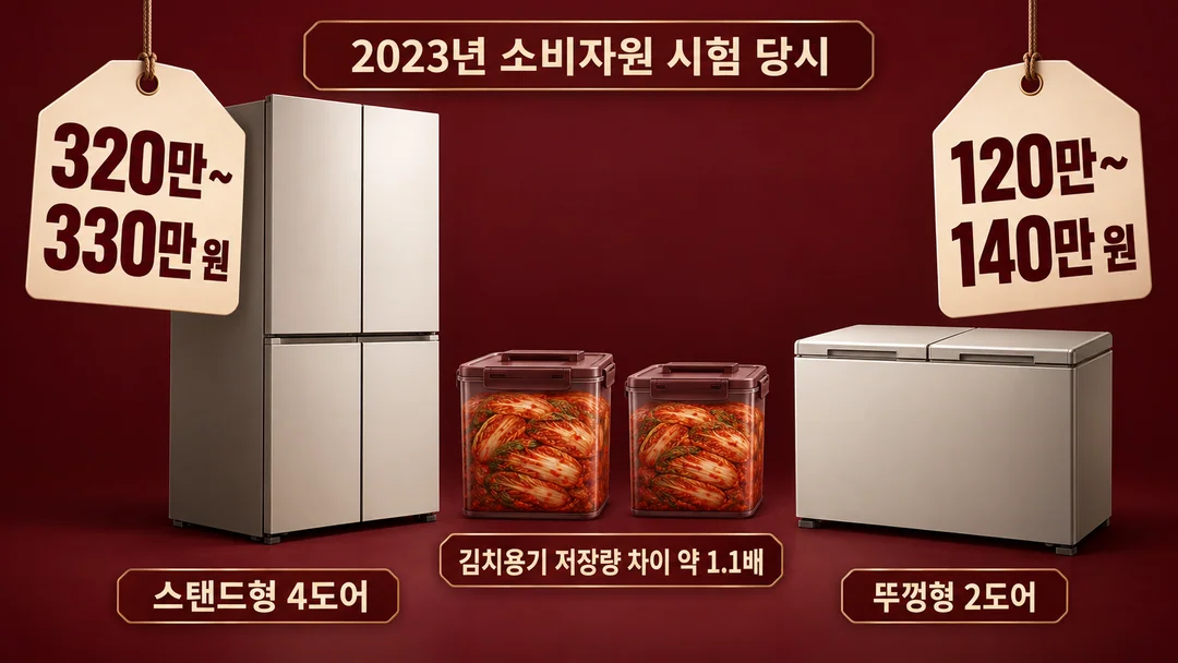 2023년 소비자원 시험 대상인 스탠드형과 뚜껑형의 가격 범위와 김치용기 저장량 차이를 견주는 생성 정보 그림