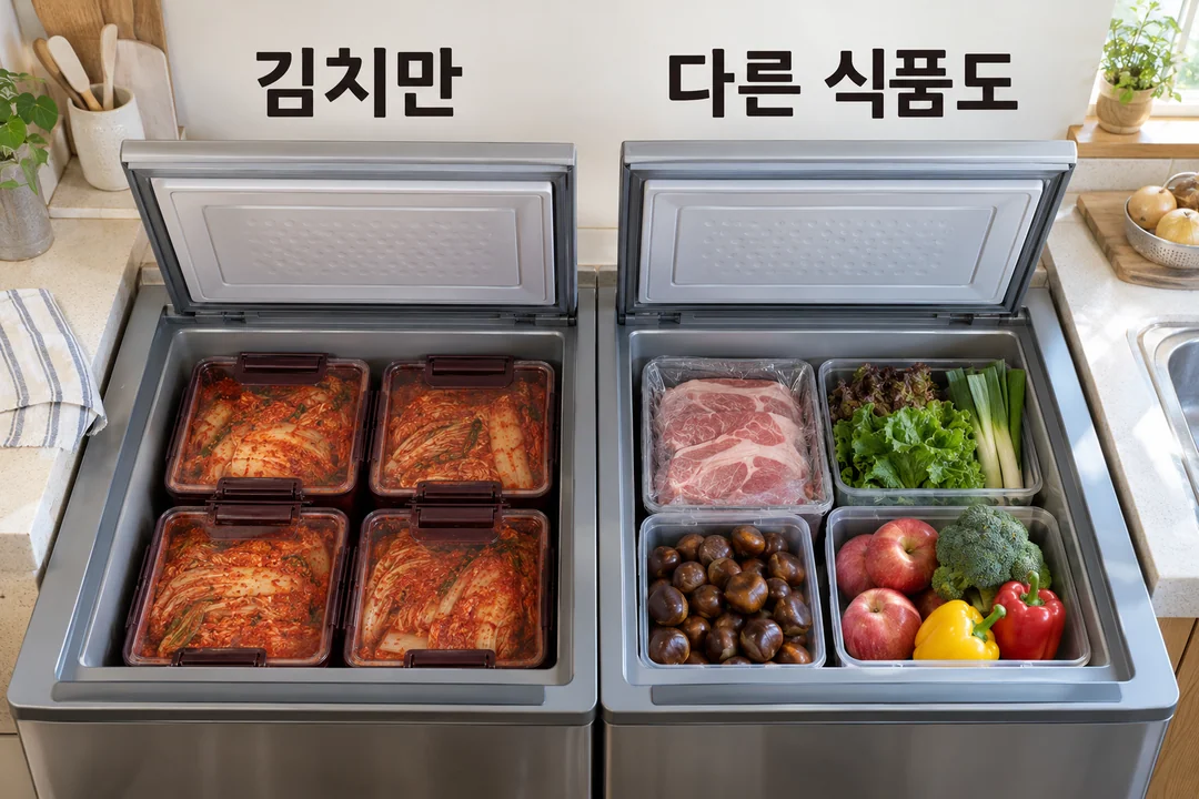 한쪽은 김치통만, 다른 쪽은 김치통과 여러 식품을 담은 공간을 대비한 생성 설명 그림