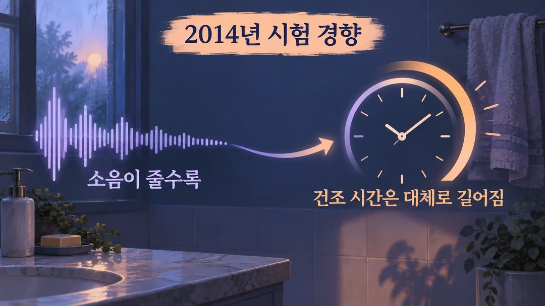 2014년 시험에서 조용한 제품일수록 대체로 건조 시간이 길었던 경향을 줄어드는 소리 파형과 늘어나는 시계 호로 나타낸 생성 그림.