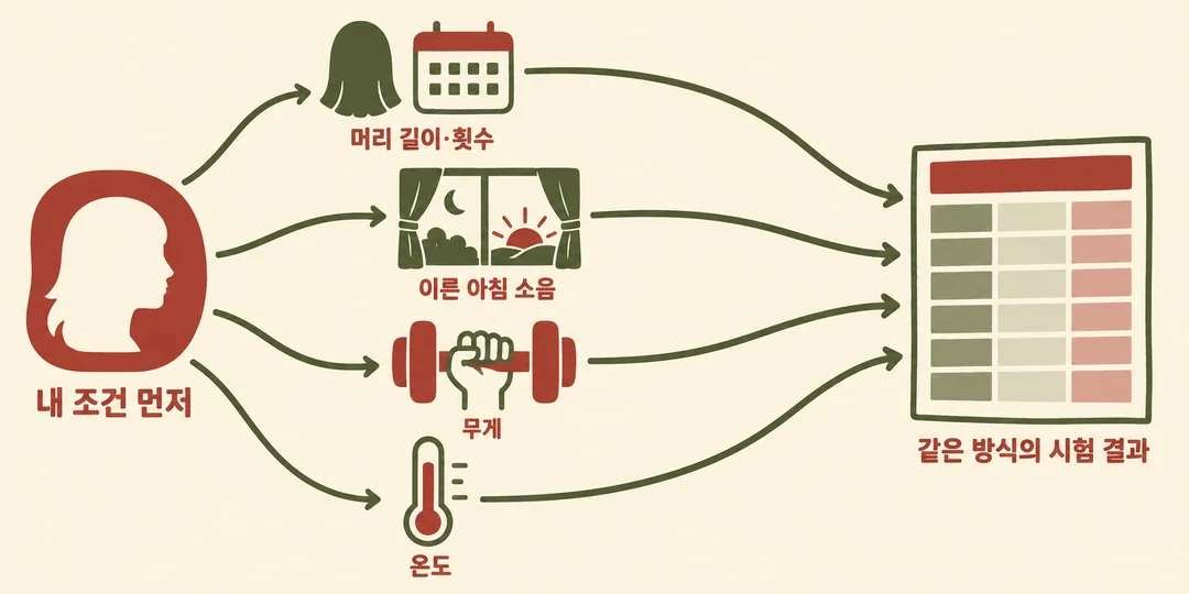 머리 길이와 사용 횟수, 아침 소음, 무게, 온도를 자신의 조건으로 확인한 뒤 같은 방식으로 잰 시험 결과를 찾는 순서를 나타낸 생성 그림.