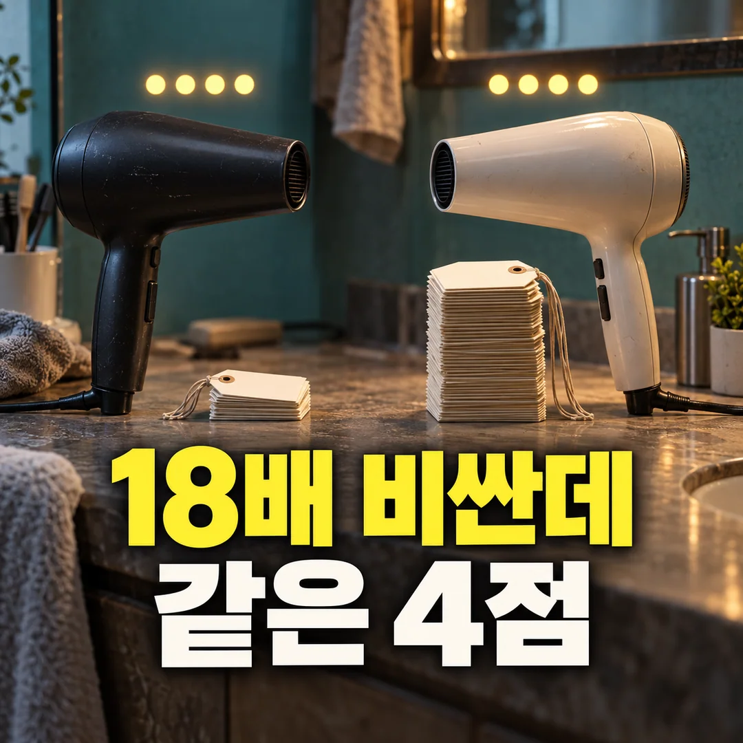 값이 크게 다른 두 드라이기 앞에 같은 크기의 점수 표시가 놓인 생성 그림. ‘18배 비싼데 같은 4점’이라는 문구가 크게 보인다.