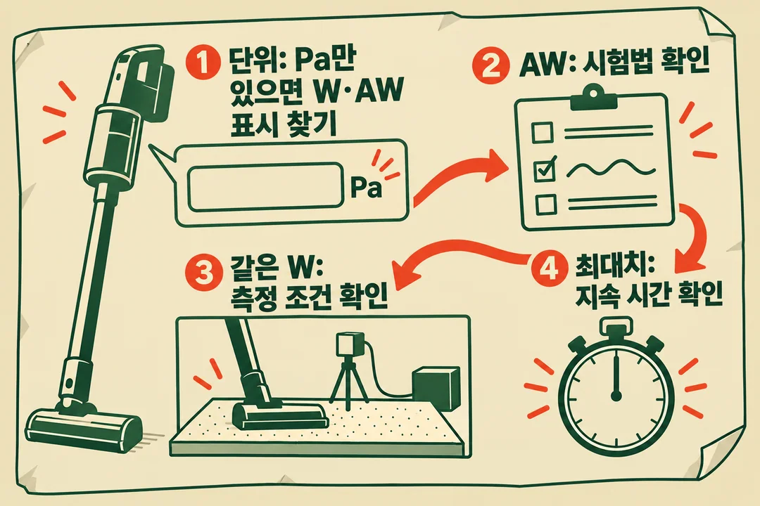 생성한 순서 그림. 구매자가 흡입력 표시를 볼 때 단위, AW 시험법, 같은 W의 측정 조건, 최대치의 지속 시간을 차례로 확인하도록 안내한다.