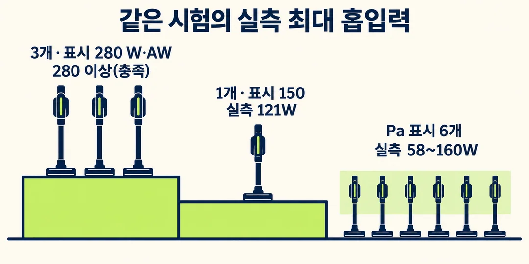 생성한 비교 그림. 한 시험에서 280 이상을 충족한 세 제품, 표시 150에 실측 121W인 한 제품, Pa 표시 여섯 제품의 실측 58~160W를 세 집단으로 나눈다.