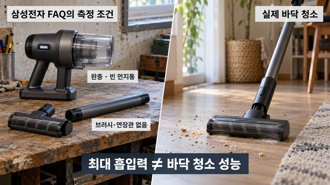 생성한 설명 장면. 삼성전자 FAQ에 적힌 완충·빈 먼지통·브러시와 연장관 없는 측정 조건을 실제 바닥 청소 장면과 나란히 보여 준다. 실제 시험 사진은 아니다.