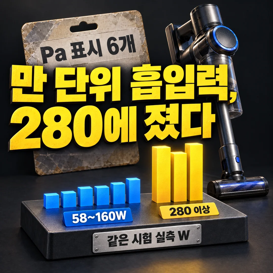 생성한 설명 그림. 만 단위 Pa 표시가 붙은 여섯 제품의 같은 시험 W 실측 범위 58~160W와 280 이상인 세 제품의 실측 결과를 구분해 보여 준다.