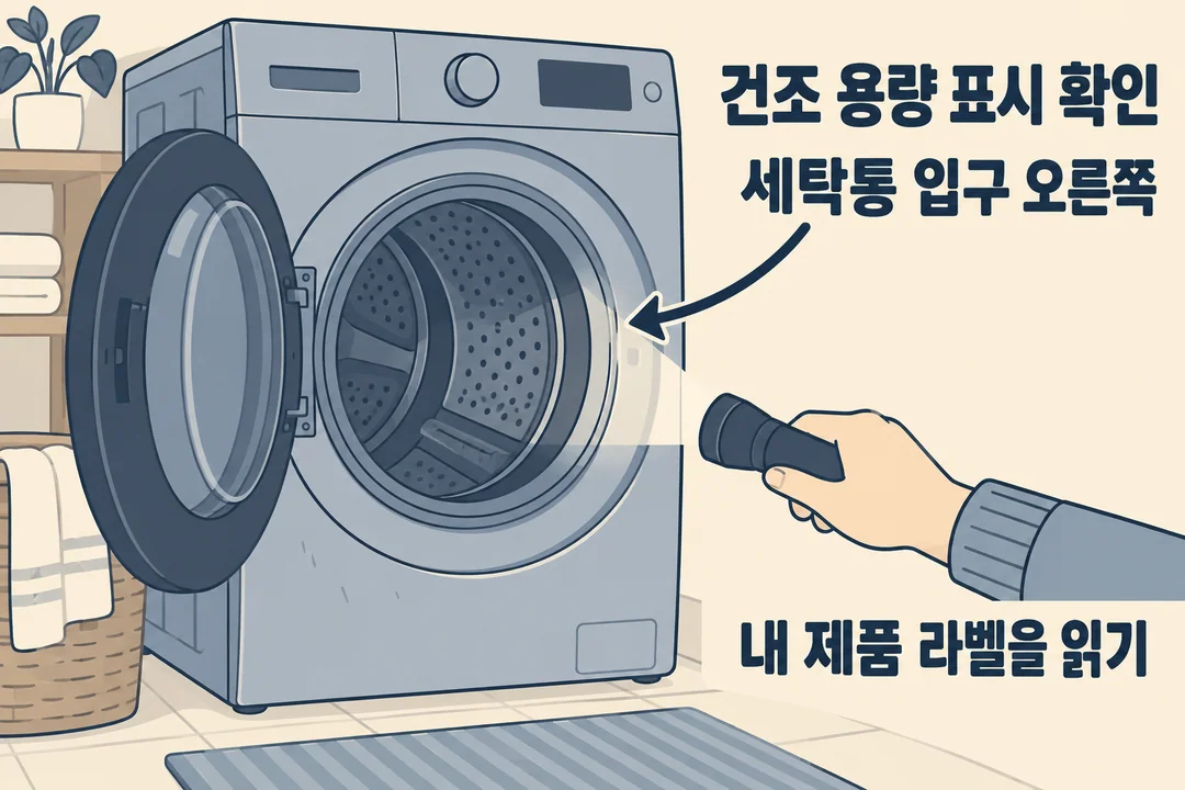 상표 없는 일반 세탁건조기의 열린 입구 오른쪽을 살펴 자기 제품의 건조 용량 표시를 읽도록 안내하는 생성 그림. 특정 모델의 실제 라벨 사진은 아니다.
