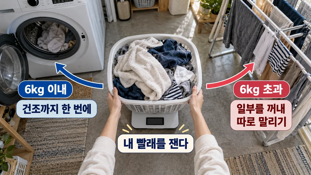 빨래 바구니를 체중계에 올려 재고, 6kg 이내와 초과에 따라 건조 방법을 고르는 과정을 그린 생성 그림.