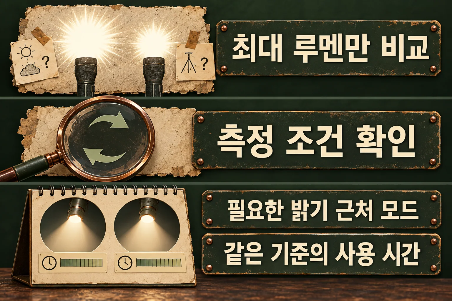 생성한 설명 그림. 두 손전등의 최대 루멘 수치만 보는 시선에서, 측정 조건을 확인한 뒤 필요한 밝기에 가까운 모드의 사용 시간을 나란히 살피는 시선으로 이동한다.