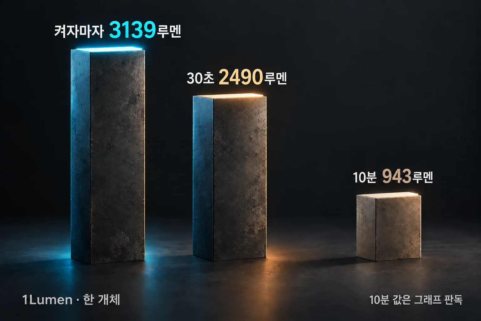 생성한 수치 설명 그림. 1Lumen이 PD40R V3.0 한 개체에서 확인한 켤 때 3139루멘, 30초 2490루멘, 10분 943루멘을 면적이 아닌 높이가 다른 세 광량 기둥으로 비교한다. 10분 값은 그래프에서 읽었다.