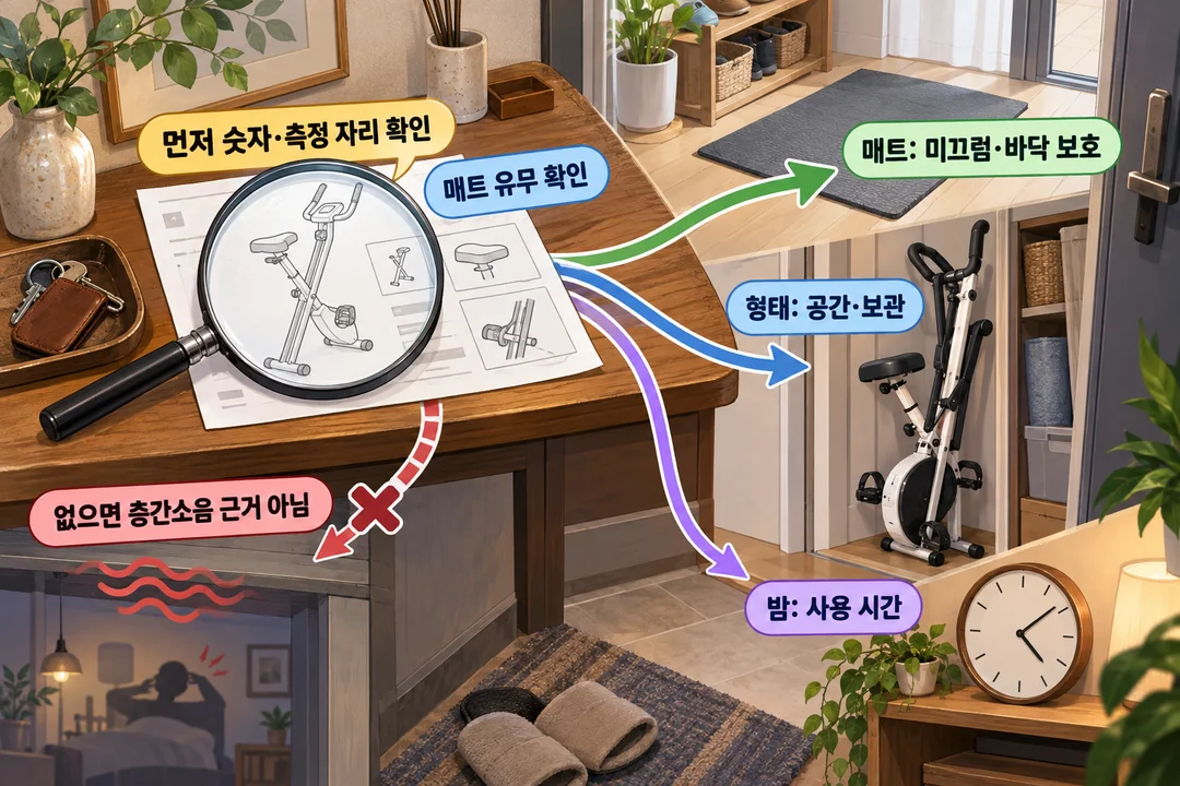 구매 전 확인 순서를 그린 생성 정보 그림. 층간소음 주장에 숫자와 측정 자리, 매트 유무가 있는지 먼저 살피고, 매트는 바닥 보호, 기계 형태는 공간과 보관, 밤 사용은 시간을 따로 판단한다.