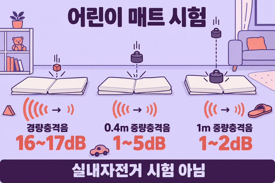 어린이 매트의 세 충격 시험에서 감소폭이 각각 16~17dB, 1~5dB, 1~2dB로 달랐음을 보여 주는 생성 정보 그림. 실내자전거 시험이 아니라는 경계를 표시한다.