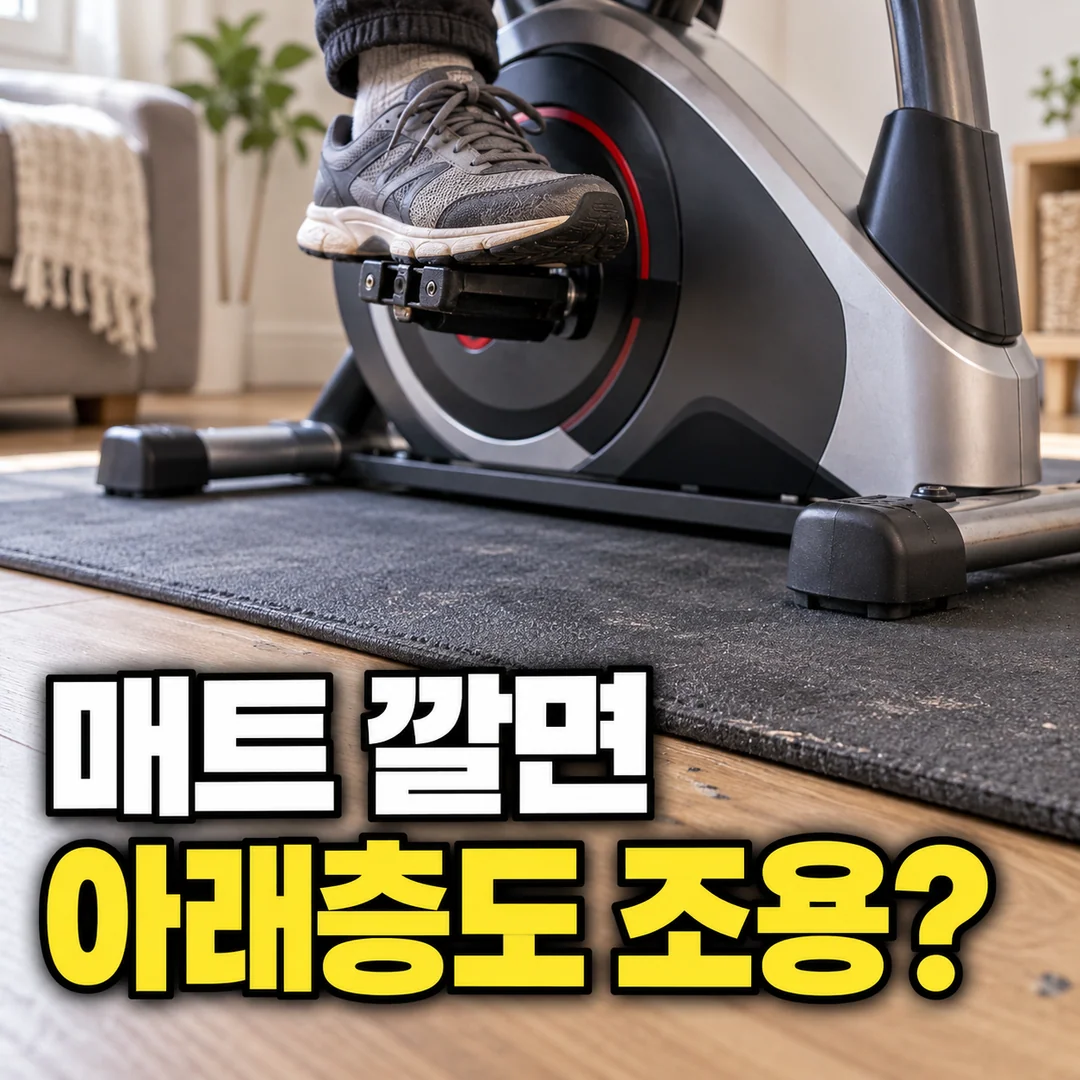 실내자전거 밑에 매트를 깐 생성 그림. 매트 아래의 결과는 보이지 않아 아래층 울림 감소 여부를 묻는다.