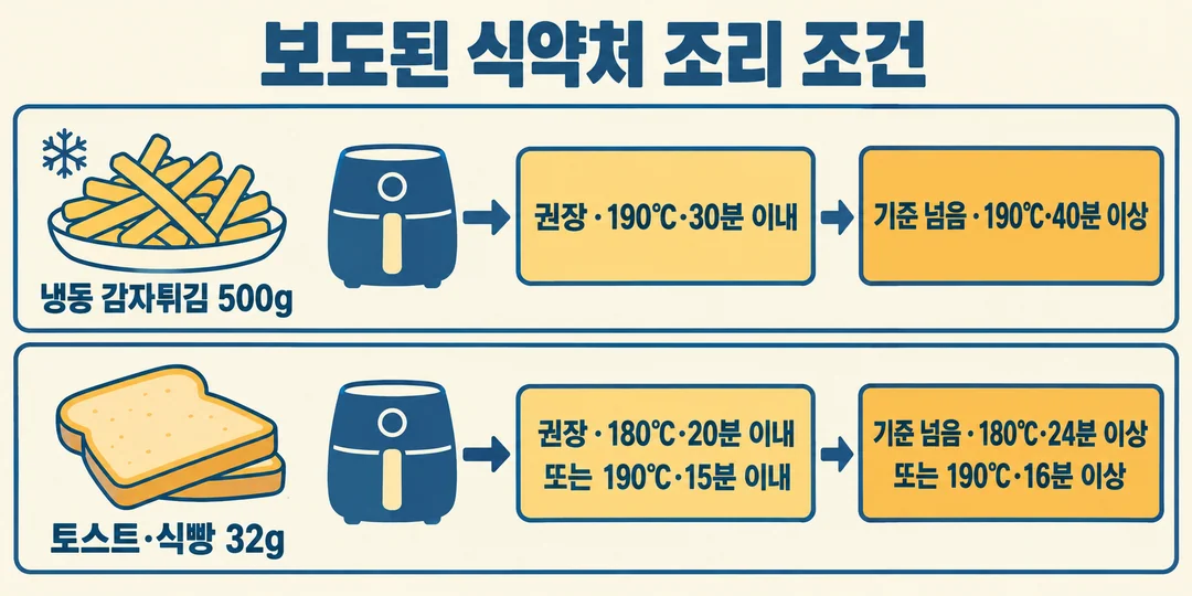 생성 조건 그림. 보도로 전해진 식약처 조사 내용을 냉동 감자튀김 500g과 토스트·식빵 32g으로 나누고, 각각 권장 온도·시간과 기준을 넘은 온도·시간을 구분한다.