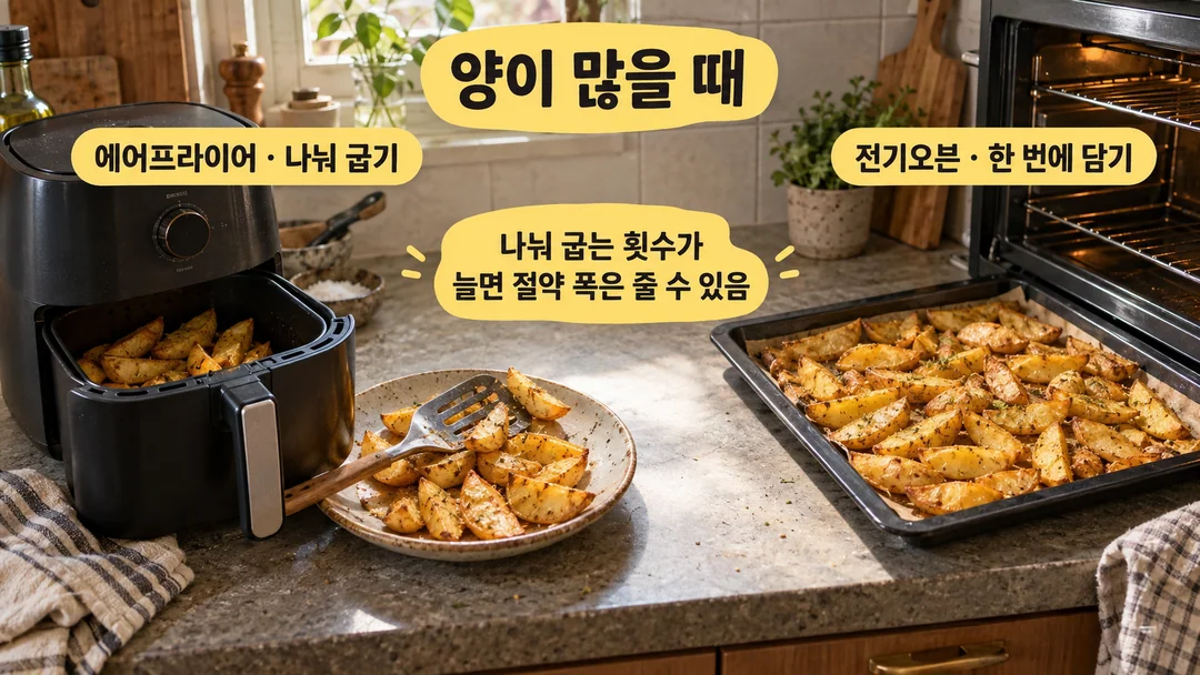 생성 설명 장면. 같은 양의 음식을 작은 에어프라이어 바스켓에는 나눠 넣고 큰 오븐 트레이에는 한 번에 담는 상황을 보여 준다. 실제 시험 사진은 아니다.