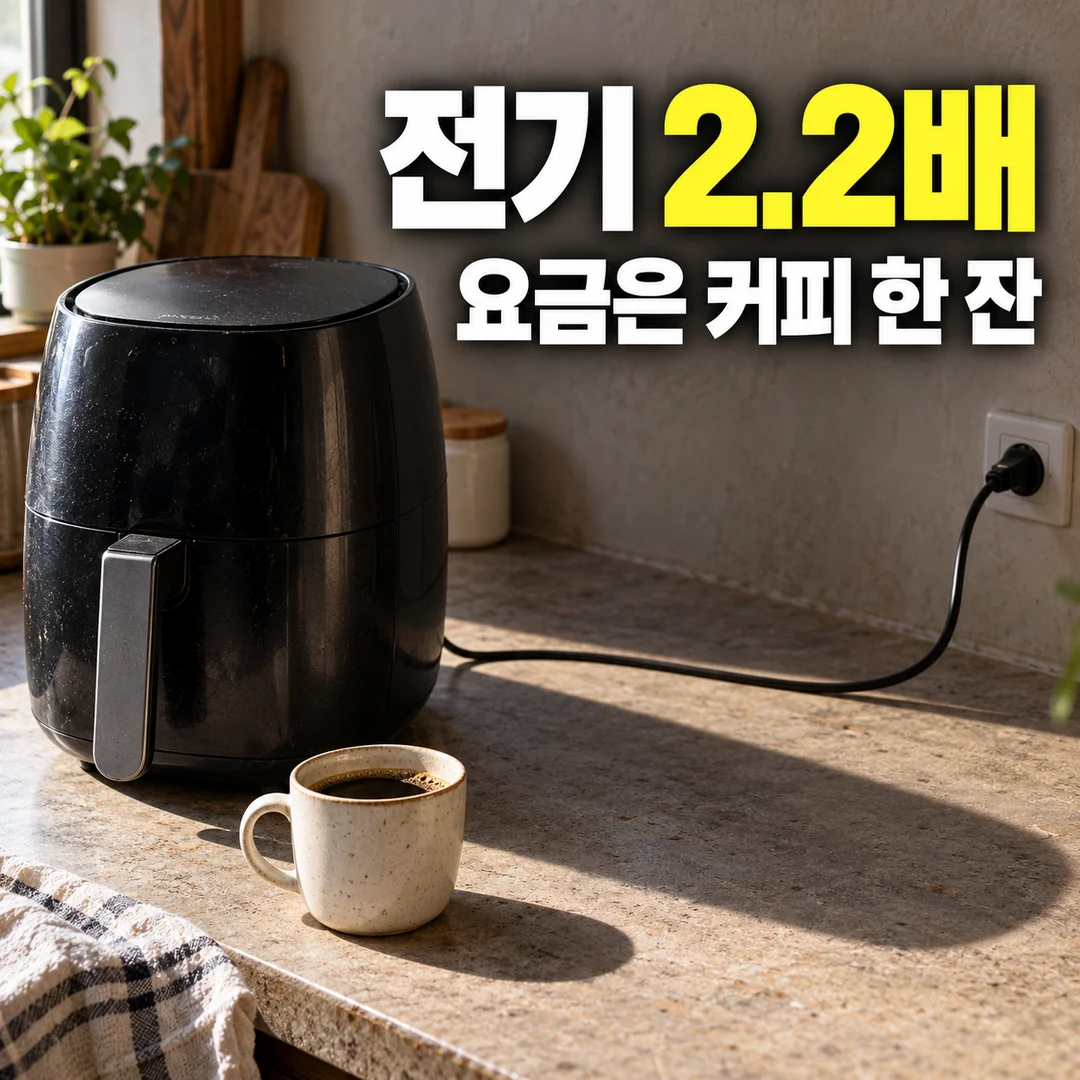 에어프라이어 옆에 큰 전력 차이의 빛과 작은 커피잔을 대비한 생성 썸네일. ‘전기 2.2배, 요금은 커피 한 잔’ 문구가 크게 보인다.