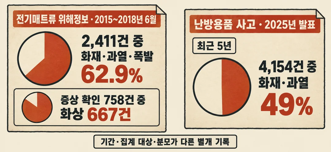 별개로 구획한 두 사고 기록을 비교한 생성 그림. 2015년~2018년 6월 전기매트류 위해정보 2,411건 중 화재·과열·폭발은 62.9%였고, 증상이 확인된 758건 중 화상은 667건이었다. 2025년 발표된 최근 5년 난방용품 사고 4,154건 중 화재·과열은 49%였다. 두 집계의 기간과 분모는 다르다.