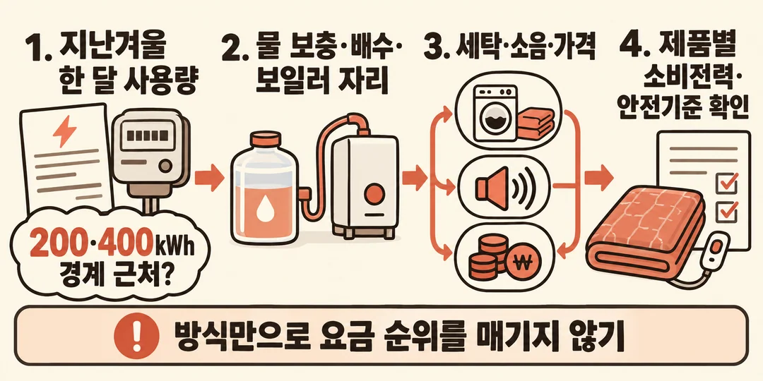 지난겨울 전기 사용량 확인에서 출발해 물 관리, 세탁·소음·가격, 개별 제품의 소비전력과 안전기준 확인으로 이어지는 생성 선택 경로 그림.