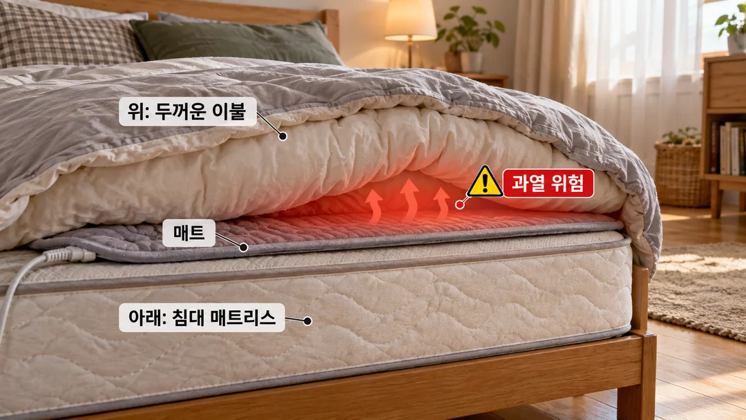 침대 매트리스 위의 전기매트와 그 위를 두꺼운 이불로 덮은 상태를 단면으로 구별한 생성 설명 그림. 위쪽 덮개 아래에 열이 머무는 위험을 표시하며, 아래 매트리스의 안전 여부는 단정하지 않는다.