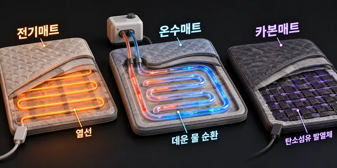 전기매트의 열선, 온수매트의 물 순환, 카본매트의 탄소섬유 발열체를 나란히 비교한 생성 설명 그림.