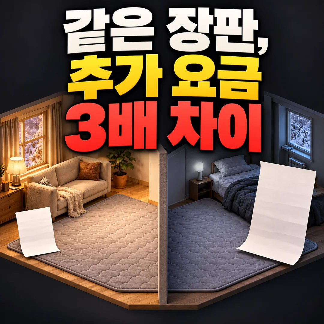 같은 전기장판이 놓인 두 집과 서로 다른 크기의 추가 요금 표시를 대비한 생성 썸네일. 차이의 원인은 그림에서 단정하지 않는다.