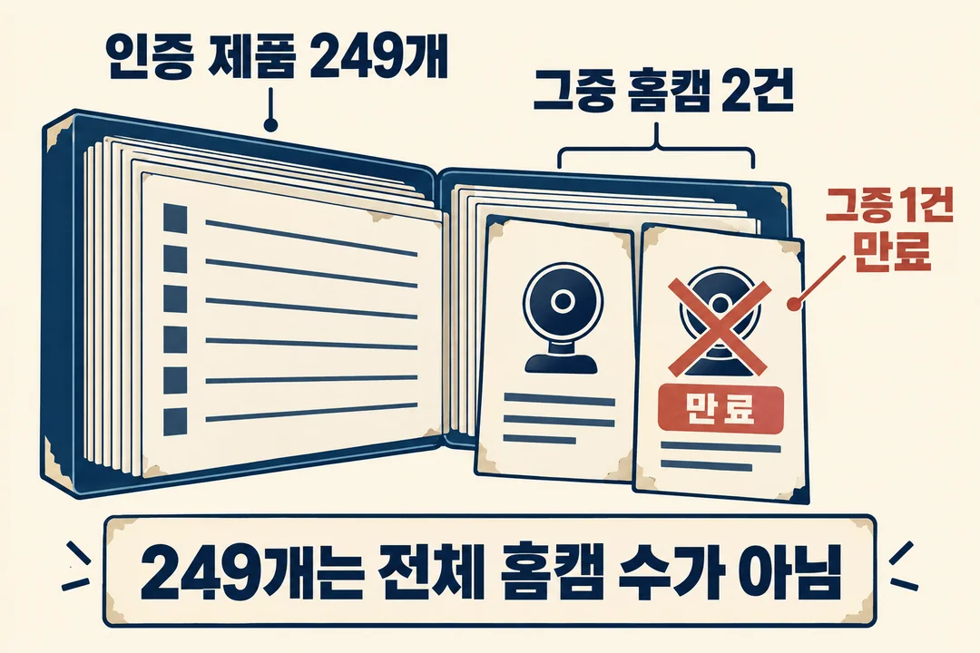 인증 제품 249개라는 큰 묶음에서 홈캠 기록 2건을 꺼내고 그중 1건의 만료 상태를 표시한 생성 도해