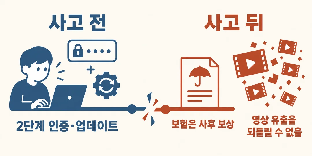 사고 전의 2단계 인증·업데이트와 사고 뒤의 보험 보상을 시간선 양쪽에 분리한 생성 도해