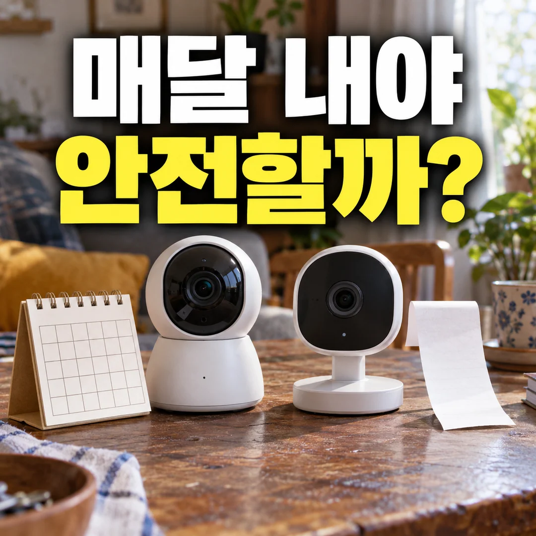 월 결제와 단품 구매를 상징하는 두 일반 홈캠을 나란히 놓고 '매달 내야 안전할까?'라고 묻는 생성 그림.