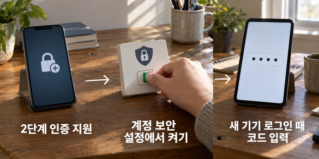 2단계 인증 지원에서 사용자의 설정 켜기, 새 기기 로그인 시 코드 입력으로 이어지는 상표 없는 생성 순서 그림
