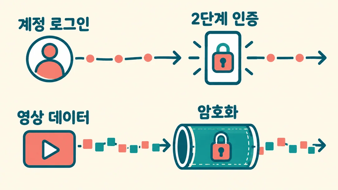 로그인 경로의 2단계 인증과 영상 데이터 경로의 암호화를 서로 다른 위치에 표시한 생성 그림