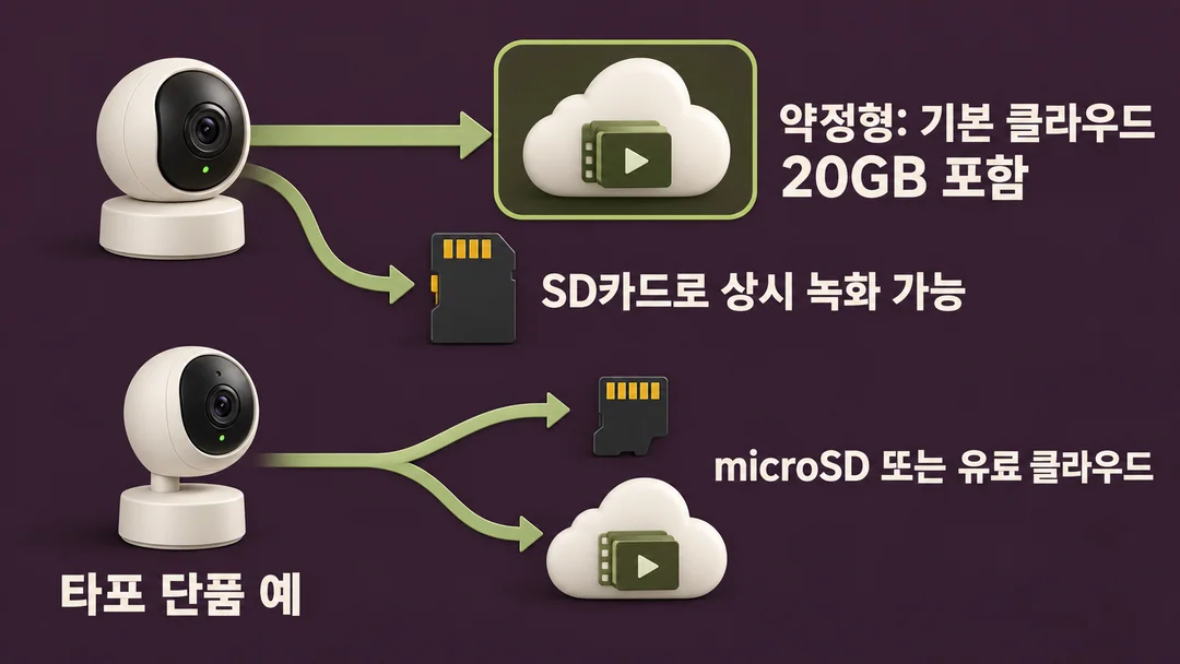 약정형의 포함된 클라우드와 타포 단품의 microSD·유료 클라우드 선택 경로를 나란히 보인 생성 그림